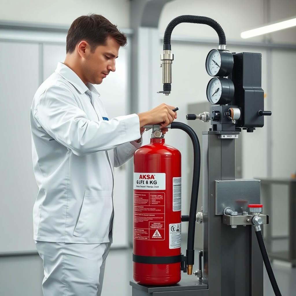 A clean photorealistic photo showing a technician in a white uniform filling an Aksa 6 kg