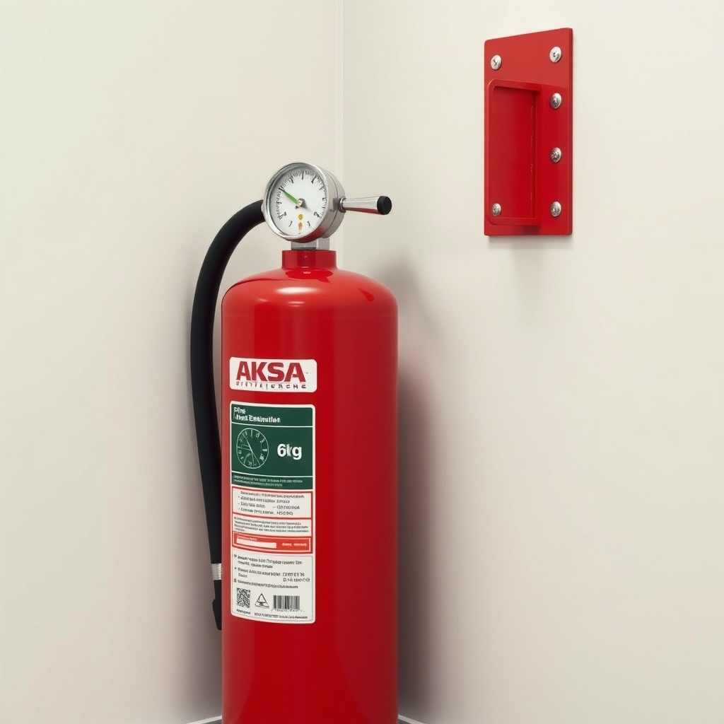 A clean photorealistic photo of an Aksa 6 kg fire extinguisher placed next to a wall with