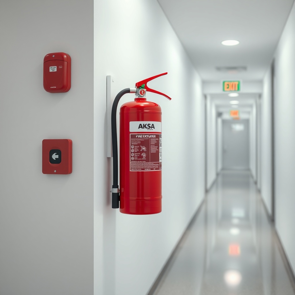 A clean photorealistic photo showing a red Aksa 6 kg fire extinguisher mounted on a white