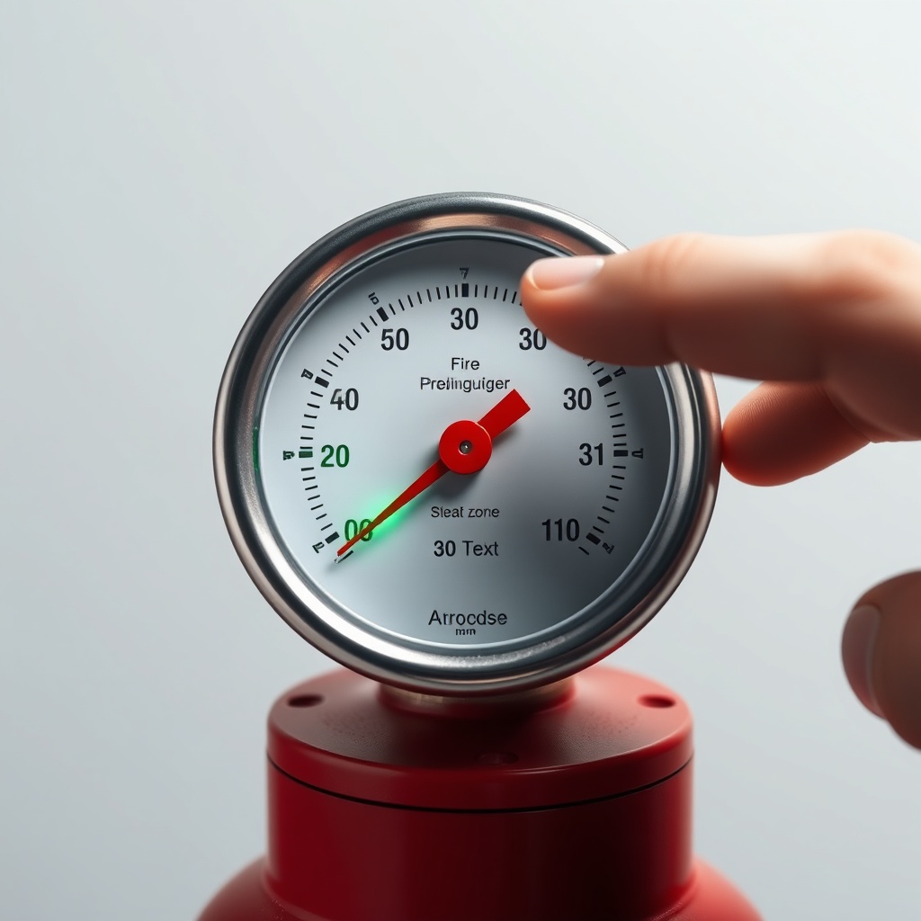 A close-up photorealistic photo of a fire extinguisher pressure gauge with the needle clea