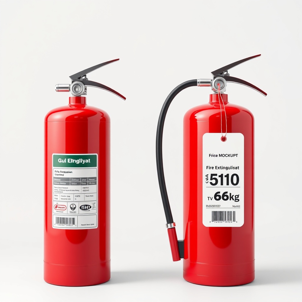 <clean photorealistic photo of two fire extinguishers side by side