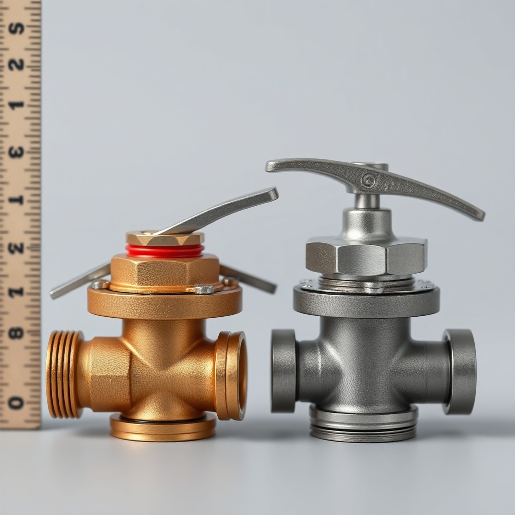 <clean photorealistic close-up photo of two fire extinguisher valve mechanisms