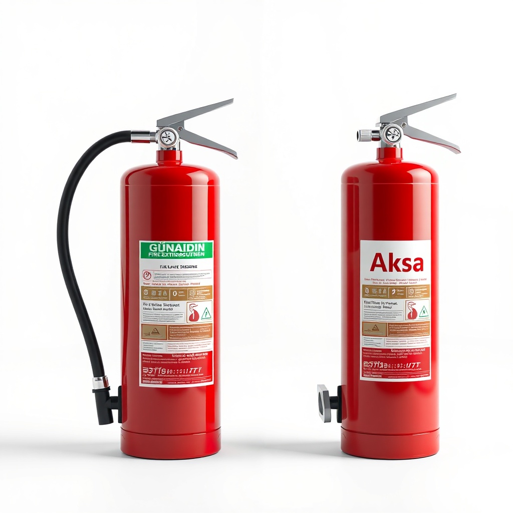 <Photorealistic 16:9 image showing two 6kg fire extinguishers side by side on a white back