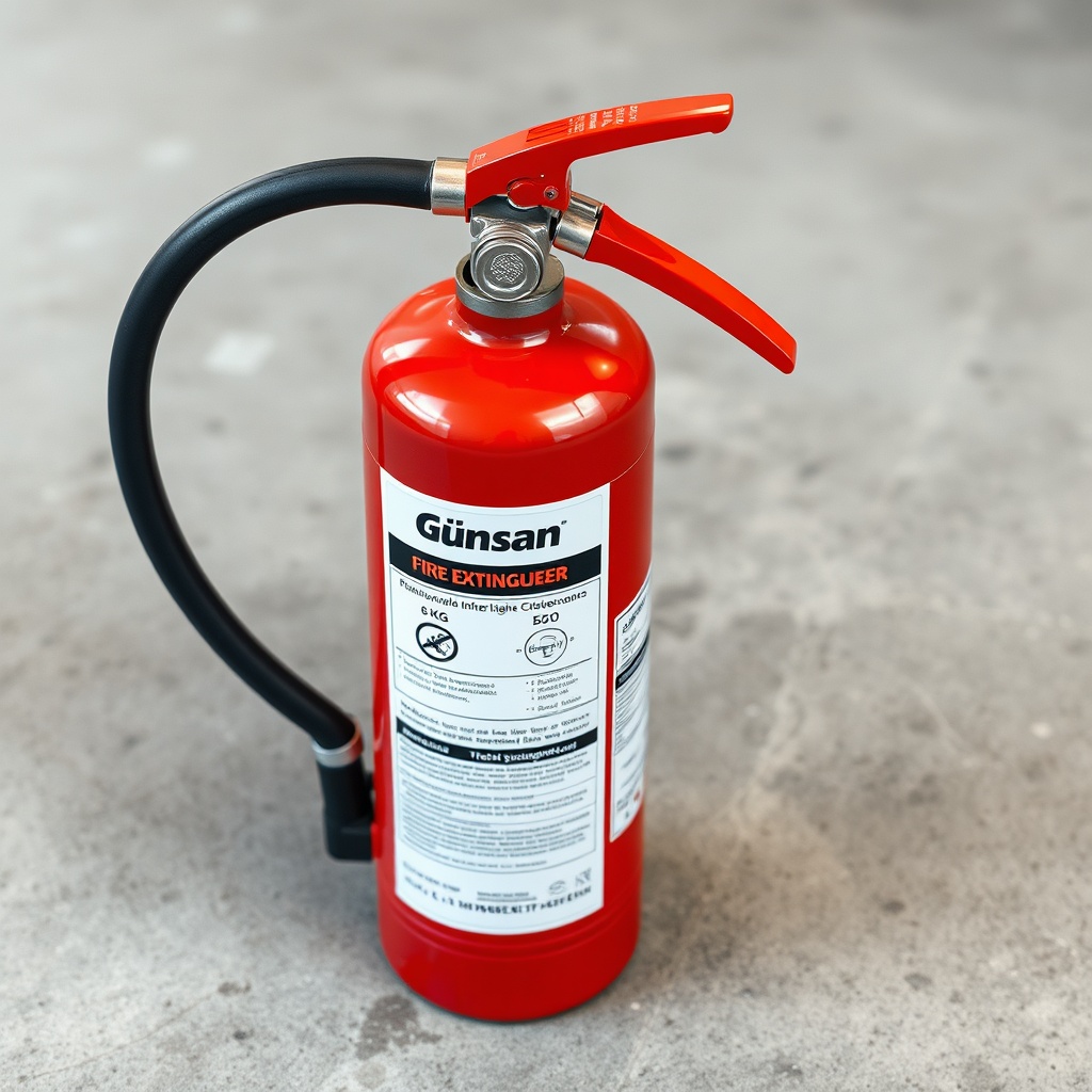 photorealistic photo of a Günsan 6 kg fire extinguisher with a red body and pressure gauge