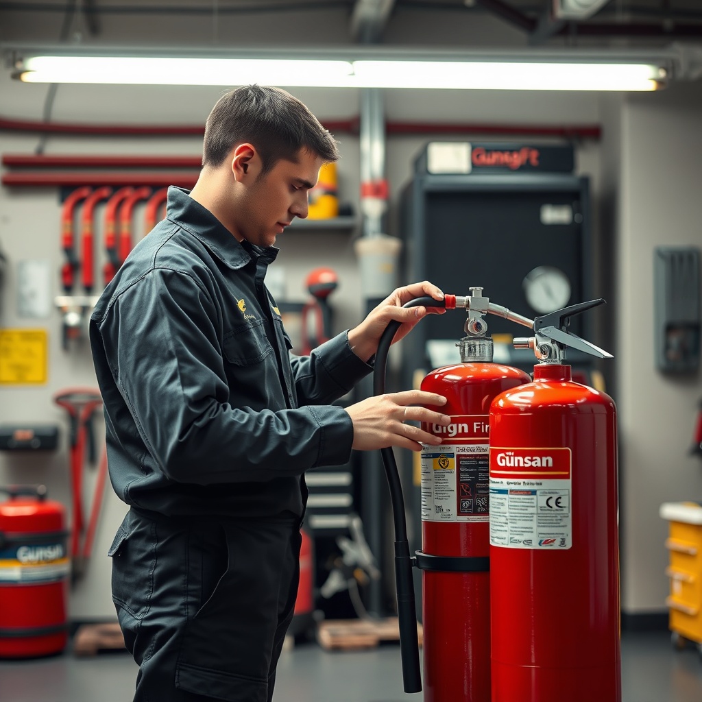 photorealistic photo of a fire extinguisher technician performing a pressure check on a Gü