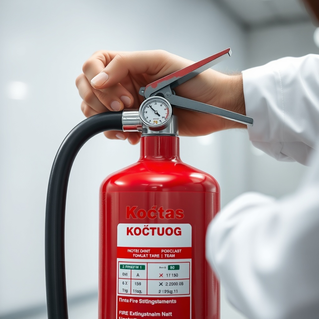 A photorealistic close-up of a Koçtaş 6 kg fire extinguisher being inspected by a professi
