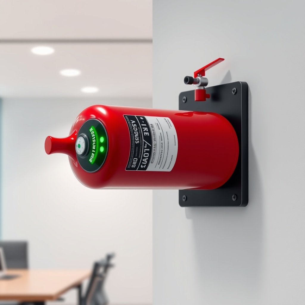 A photorealistic image of a Koçtaş 6 kg fire extinguisher placed on a wall mount in a mode