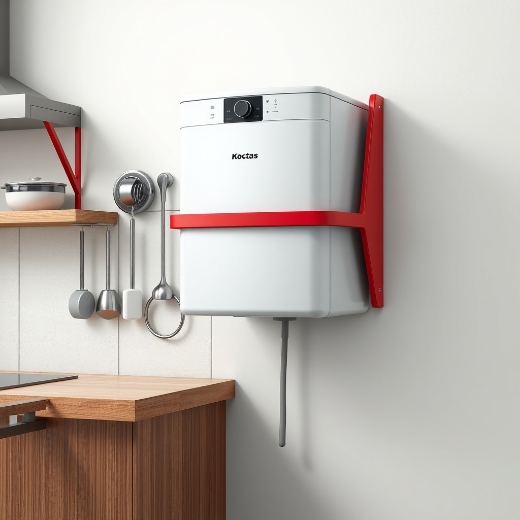 <clean photorealistic photo/illustration of a Koçtaş 6 kg yangın tüpü mounted on a kitchen