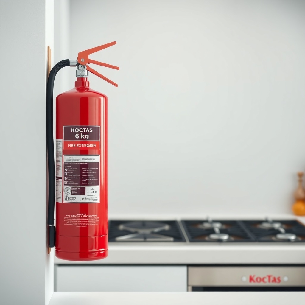 A photorealistic photo of a Koçtaş 6 kg fire extinguisher mounted on a kitchen wall near a